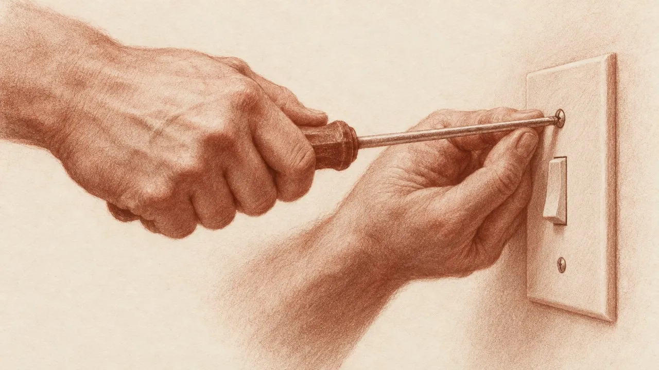 Desenho em lápis de mãos apertando o parafuso de um interruptor